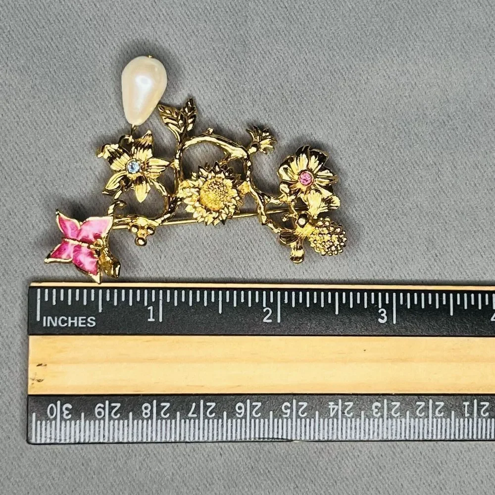 Vintage Avon Brooch Enamel Butterfly Faux Pearl Dangle Gold Tone Bee Flowers - Picture 9 of 9